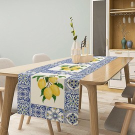 JanJCurt Yellow Lemon Table Runner, Blue Tiles Summer Holiday Tasty Fruit Healthy Fruit Vintage Watercolor Rustic Botanic Table Cover for Party Picnic Dining Room Kitchen, 13x60inch