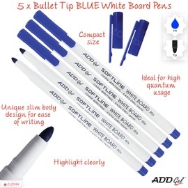 ADD GEL I SOFTLINE Whiteboard Pens, Dry Eraser Marker Pens, Bullet Tip, School Office Value Pack (5 x BLUE Board Pens + ZOFAX Ball BLACK Pen)