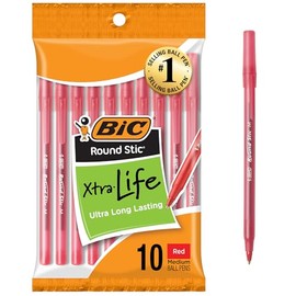 BIC Bolgrafos redondos Stic Xtra Life rojos, punta media (0.039 pulgadas), paquete de 10 unidades de bolgrafos a granel, barril redondo flexible para 