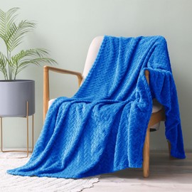 Exclusivo Mezcla Large Flannel Fleece Throw Blanket, 127x178 CM Sofa Throws, Soft Jacquard Weave Leaves Pattern Throws for Sofa, Cobalt Blue Blanket