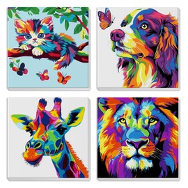 MXJSUA Framed 4 Pack Color Animals Paint by Numbers Kit, DIY Paint by Number Kit for Kids Ages 6-12, Paint by Numbers Kits for Children Beginner, Acrylic Oil Painting for Home Wall Decor (8x8inch)