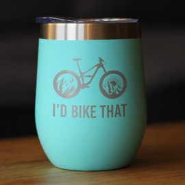 I'd Bike That - Wine Tumbler Glass with Sliding Lid - Stainless Steel Insulated Mug - Cool Bicycle Themed Decor and Gifts for Mountain Bikers - Teal