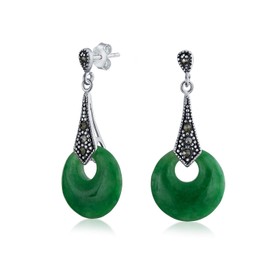 Asian Style Good Fortune Marcasite Dyed Green Jade Open Circle Dangle Drop Earrings For Women 925 Sterling Silver