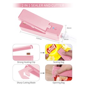Folienschweißgerät Mini,2 in 1 Bag Sealer mit Cutter Versiegelungsmaschine Kühlschrank mit Magnetadsorption,Lebensmittellagerung Snack Plastiktüten Beutel Spänesäcke(Rosa)