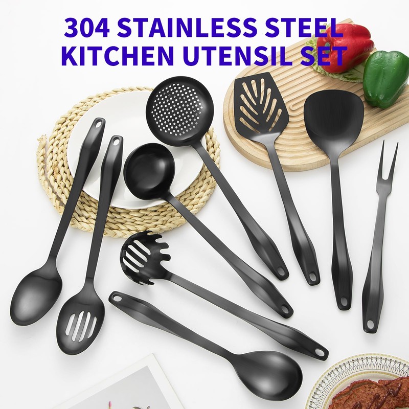 304 Stainless Steel Kitchen Utensil Set - 9pcs Cooking Utensils,
