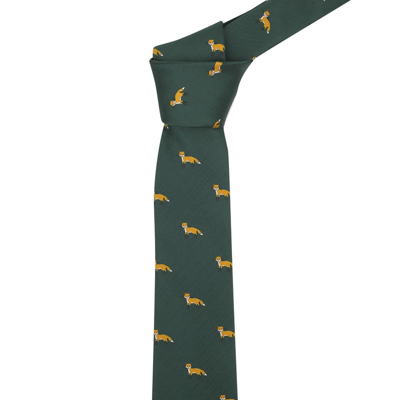 King & Priory Dark Green Herringbone Embroidered Fox Tie