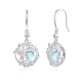 FANCIME Tree of Life Earrings 925 Sterling Silver Dainty Moonstone Dangle Drop Gemstone Earring June Birthstone Fine Jewelry Birthday Gifts for Her Women
