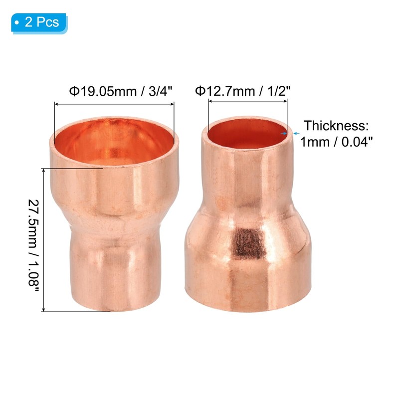 PATIKIL 3/4" to 1/2" ID Copper Reducer, 2pcs 99.9% Pure