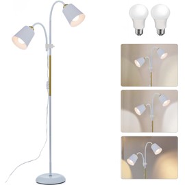 AoMck Floor Reading Lamp Standing Lamps for Living Room Gooseneck Floor Lamps Industrial Adjustable Height Bendable Small Floor Corner Lamp with 12W Bulb (White-2 Heads)