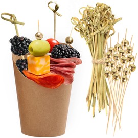 CUSINIUM 50pk 14oz Kraft Charcuterie Cups with 200 Sticks (2 Types) - Wide Enlarged Top Cutout for Better Display - Brown Paper Charcuterie Board Cups Set