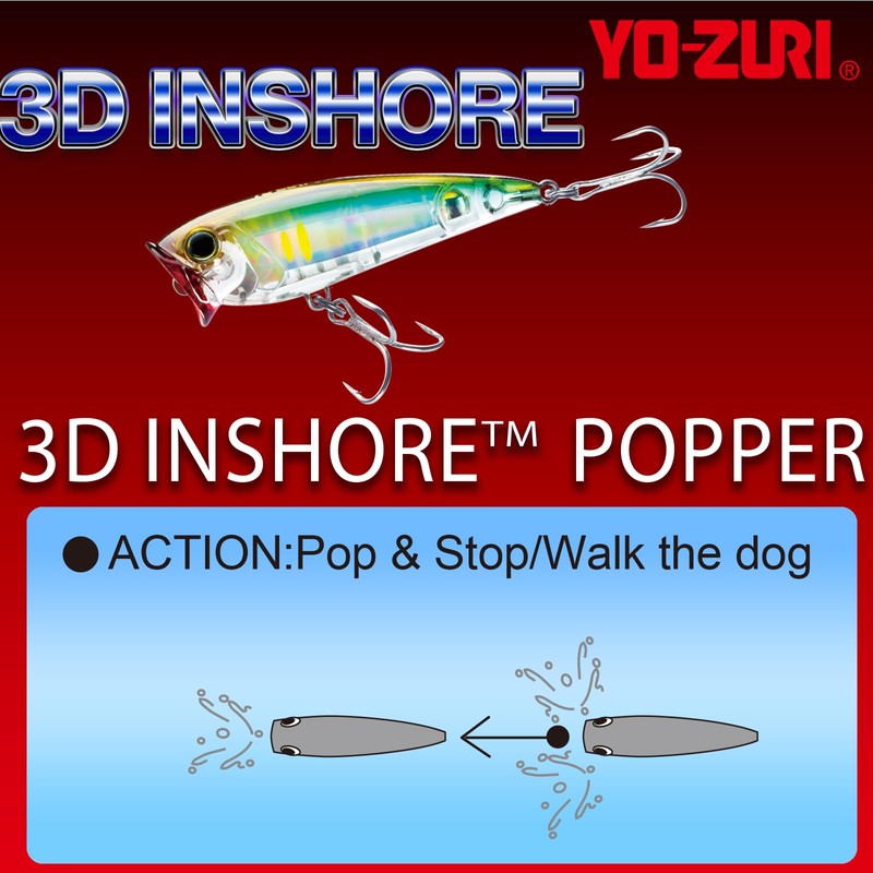YO-ZURI 3D Inshore Popper Floating 90mm Salt Lure, Color:Mardi Gras