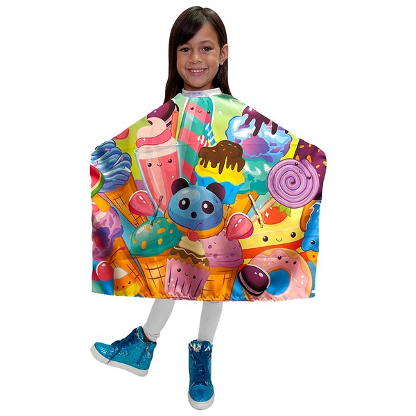 Betty Dain Kids Haircut Styling Cape, Sugar Rush Print, Hands Free, Youthful Design, Perfect Size for Children, Water & Stain Resistant Lightweight Nylon, Snap Closure, 30 inches Wide x 36 inches Long, Sugar Rush, 30" x 36"