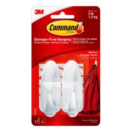 Command Medium Designer Hooks, 2 Hooks and 4 Strips, Damage-Free Hanging Wall Hooks with Adhesive Strips, Adhesive Hooks for Hanging Christmas Decorations, Holds up to 3 lb