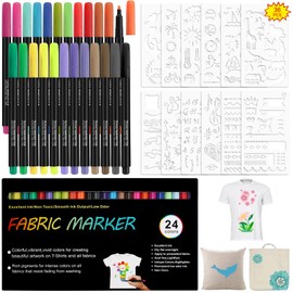 Yuehuabao 24 PCS Permanent Textile Paint Pens with 12 PCS Drawing Stencils, Washable Fabric Drawing Pens Permanent Fabric Markers for White T-Shirt Design Clothes Bag Shoes (24 Colors)
