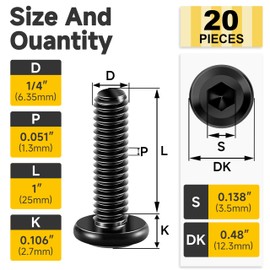 20Pcs 1/4 Bolts, 1/4-20 x 1 Flat Head Hex Socket Head Cap Screw Bolts, 1/4 Screws 304 Stainless Steel Furniture Screws Full Thread, Black Oxide & Hex Spanner by Mywish