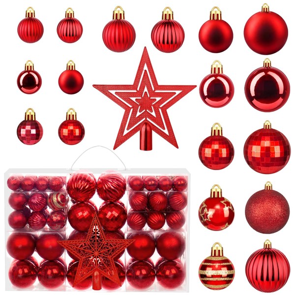 MTSCE Christmas Tree Baubles, Red, Pack of 101 Christmas Tree Decorations, Christmas Baubles Made of Shatterproof Plastic, Reusable
