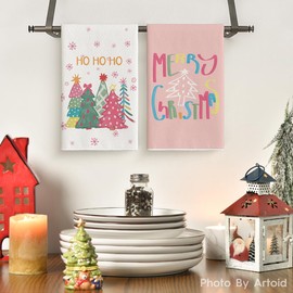 Artoid Mode Pink Xmas Tree Truck Merry Christmas Kitchen Towels Dish Towels, 18x26 Inch Holiday Ho Ho Ho Winter Decoration Hand Towels Set of 4