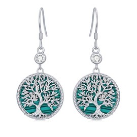 Tree of Life Dangle Drop Earrings, 925 Sterling Silver Moissanite and Turquoise/Abalone Shell/Opal/Malachite/Agate/Black Onyx/Tiger Eye Stone Family Tree of Life Drop Earrings Jewelry Gift for Women Mom (Style 1)