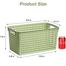Soddeph Slim Plastic Storage Basket with Handles, Narrow Organizer box for Shelves, Organizer box for Organizing, Kitchen,Home,Office (Green, Large)