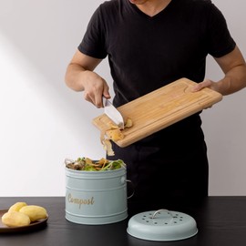 Navaris Compost Bin Waste Bin for Organic Waste - 3.2 L Bucket for Rubbish - Organic Waste Container with Swivel Handle - Includes 6 Carbon Filters - Petrol Blue