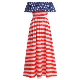 Women Ruffle Off the Shoulder Fourth of July Dress Smocked 4th of July American Flag Dress Retro Stars Striped Print Memorial Day Dress Independence Day Clothes USA Flag Patriotic Dress USA Flag 2XL