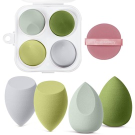 AUAUY 4-piece make-up sponge set, foundation blending beauty sponge, beauty makeup sponges blender for liquid, foundation, powder, sun protection and cream with 1 sponge holder, 1 powder puff