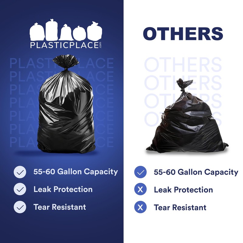 Plasticplace 55-60 Gallon Trash Bags, Heavy Duty Black Garbage Bags,