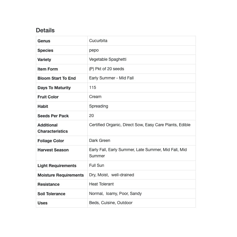 Park Seed Organic Vegetable Spaghetti Squash Seeds, Pack of 20