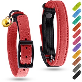 Leather Cat Collar with Bell and Safety Elastic Strap Breakaway Alternative for Small & Large Kittens, Stylish Pet Leather Collar for Boy, Girl Cats with Metal Buckle & QR ID Tag (Red)