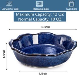 Peohud 6 Pack Ceramic Mini Pie Pans, 6 Inch Small Blue Pie Plate, 12 Oz Individual Pie Dish, Round Pot Pie Baking Dishes with Ruffled Edge for Dessert, Apple Pie, Microwave, Oven Safe