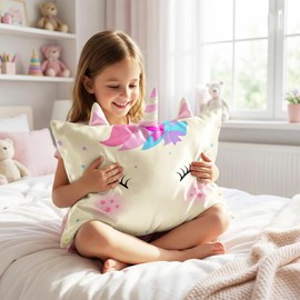 Toddler Pillowcase 13x18 Kids Pillowcase Unicorn, Cute Satin Pillow Cases with Envelope Pocket, Girls Pillow Covers for Hair Skin