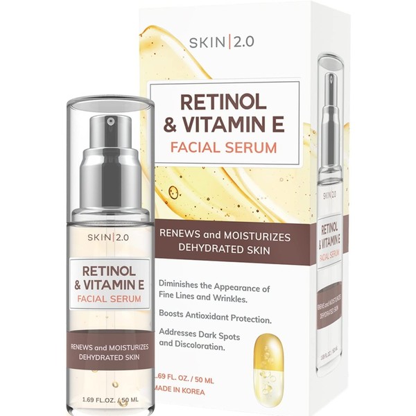 Skin 2.0 Retinol and Vitamin E Face Serum - Acne & Hyperpigmentation Treatment, Reduces Acne Scars & Wrinkles, Anti-aging Facial Serum - Cruelty Free Korean Skincare For All Skin Types - 1.69 Fl. oz