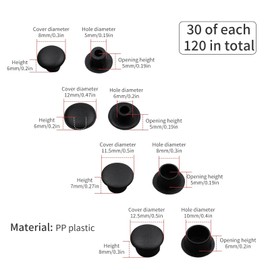 LUHOCIY Plastic Plugs, Black, Pack of 120 Cover Caps for Drill Holes, Plastic Cover Caps, Cover Caps for Screws, Good Fit, for Sofa, Bed Frame, Wardrobe (5 mm/6 mm/8 mm/10 mm)