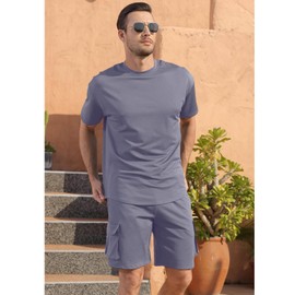 Fastkoala Mens Short Sets Tracksuits Outfits Suit Roll Neck Top & Pant Sweatsuits Gym Joggers Tooling Pocket 2 Pcs Grey XXL