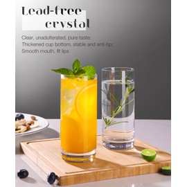 LUNA & MANTHA Highball Glasses Set of 6, 13 OZ Drinking Glasses, Lead-Free Crystal Water Glass, Tall Glass Cups for Cocktail, Tom Collins, Mojito, Mixed Drink, Kitchen and Bar Glassware