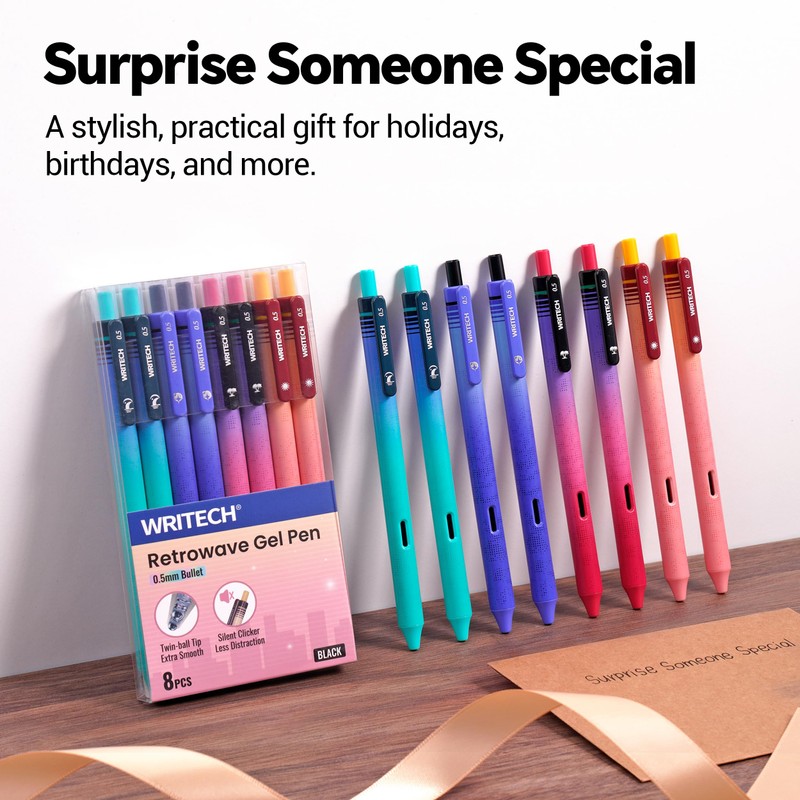 WRITECH Black Ink Gel Pens: 8-Pack Retrowave 0.5mm Fine Point