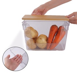 QUIXELL-SH Stackable Clear Plastic Pantry Basket with Bamboo Lid, for Kitchen Produce Storage Organizer and Storage Stackable Kitchen Pantry Basket for Onion, Potato, Vegetable (2 Pack)