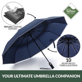 TERRATREK Windproof Umbrella: Strong Fibreglass, Compact Auto Open/Close, Premium Teflon Large Double Canopy, Durable & Wind Resistant – Portable for Car & Backpack, Men & Women, UK Design