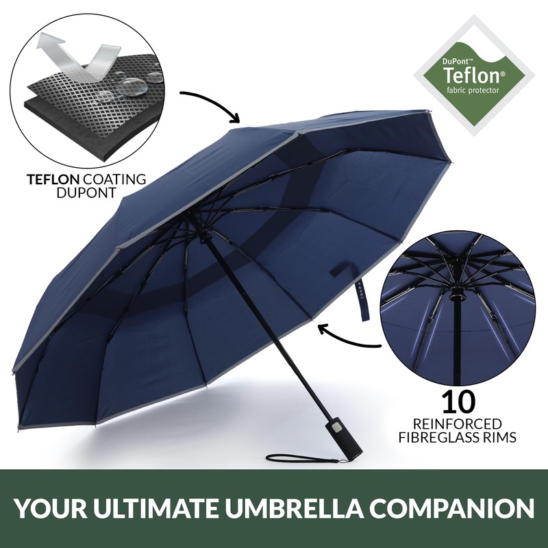 TERRATREK Windproof Umbrella: Strong Fibreglass, Compact Auto Open/Close, Premium Teflon