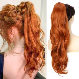 PORSMEER 66 cm Straight Ponytail Hair Extensions, Drawstring Ponytail Hair Extensions, Long Natural Wavy Synthetic Hairpiece for Women, Daily Use (Ginger)
