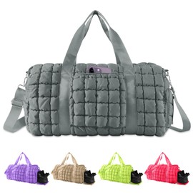 Quilted Travel Duffle Bag Gym Bag for Women,Large Puffer Duffle Weekender Bag with Compartment,Workout Overnight Carry on Organizer Bag Duffle Bag for Airplane Travel(Grey)