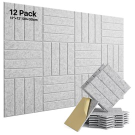 12 Pack Sound Proof Foam Panels for Walls, Self-Adhesive Acoustic Panels Sound Absorbing, 12" X 12" X 0.4" High Density Soundproof Wall Panels Tiles for Door, Ceiling, Home Office, Gray