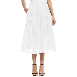 EXCHIC Women's Casual Elastic Waist A-Line Pleated Midi Skirt with Pocket (S, White)
