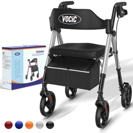 VOCIC Walkers for Seniors,Foldable Walker with Seat,Rollator Walker with Durable Aluminum,8" Big Wheels for All Terrain, Ergonomic Seat and Backrest,Dual Adjustable Height Rolling Walker| Shiny Silver