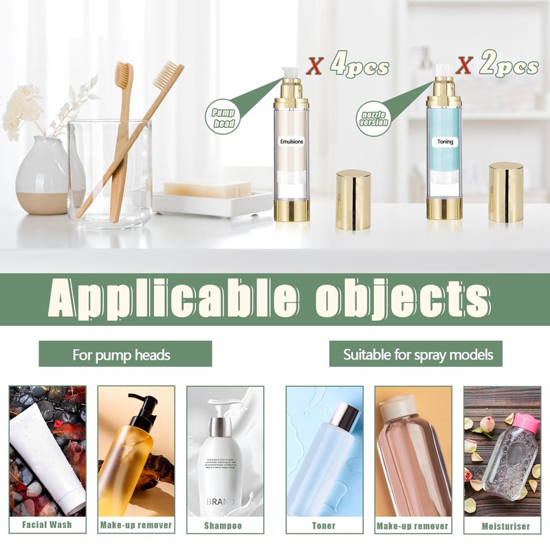 6Pcs 1.7oz/50ml Airless Pump Bottle Dispenser, Clear Empty Shampoo Bottles,