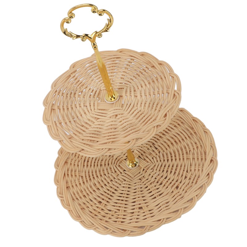 2 Tier Rattan Serving Standing Trays Round Woven Bread Fruit