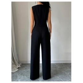 WDIRARA Women's 2 Piece Outfits Sleeveless Button Down Vest Blazer Pants Set Business Suit Sets Black Small