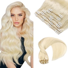 VINBAO Clip-In Real Hair Extensions, Blonde Clip Extensions, Remy Human Hair, Remy Long Hair Extensions, Clip-In Straight #60 Double Weft, 55 cm, 120 g, 6 Pieces (#60.55 cm)
