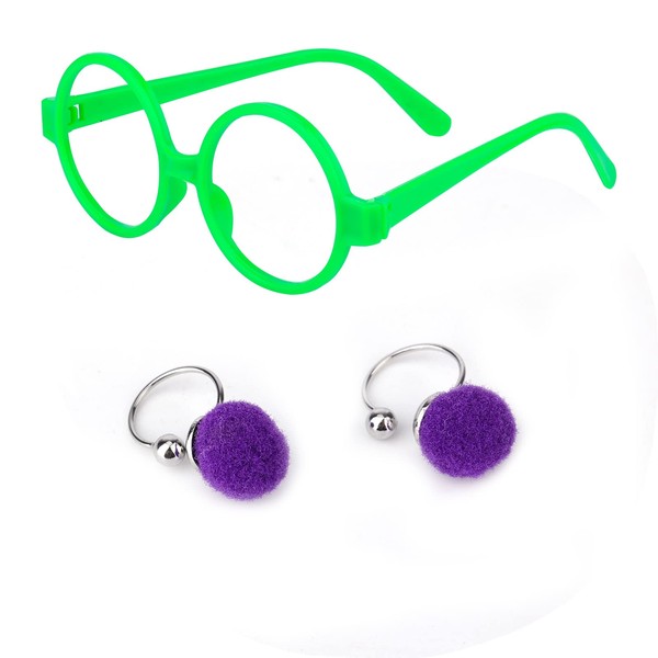 KINBOM Round Green Glasses, Wizard Glasses, 1 pair Costume Glasses for Kid with 1 pair Earrings, Kid Costume Party Favors Prop Glasses for Kid Costume Props Cosplay Halloween Dress Up Party