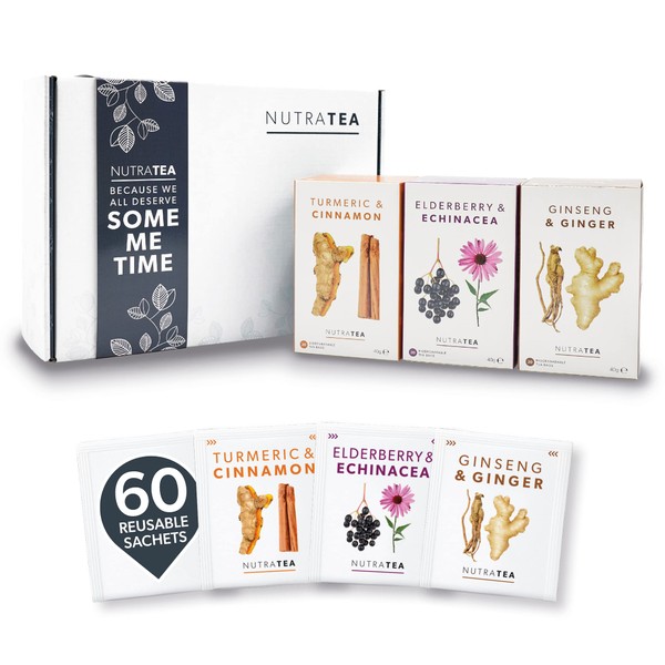 NutraTea - The Discovery Gift Box - Herbal Teas Perfect For Self Care & Mindfulness - Tea Gift Set For Birthdays, Get Well Soon, Thank You & Birthdays - Herbal Tea Gift Set - 60 Tea Bags | 3 Flavours